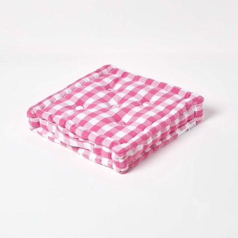 HOMESCAPES Pink Block Check Cotton Gingham Floor Cushion, 40 x 40 cm