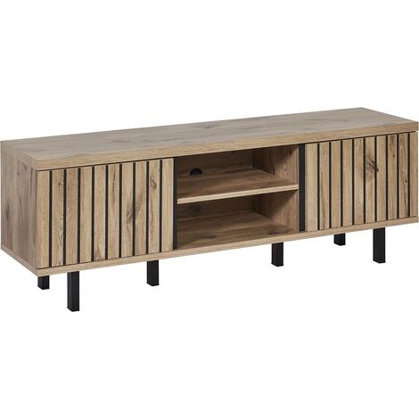 Meuble TV 2 portes 2 niches aspect bois Canyon décor tasseaux - BARTON (1/5)