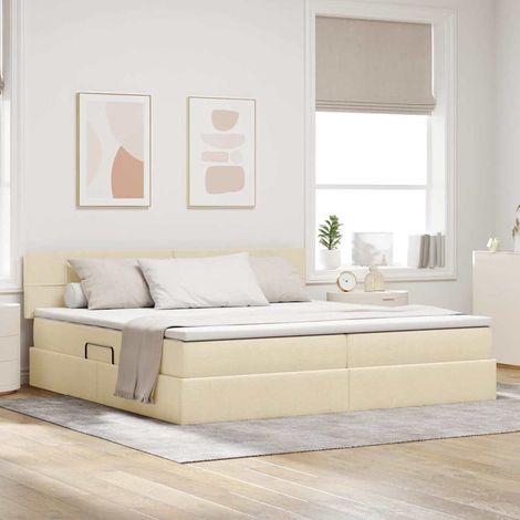Bett mit Stauraum und LED mit Matratze Creme 200 x 200 cm Stoff (1/5)