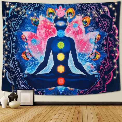 Wandteppich mit sieben Chakren, im Yoga- und Meditationsstil, farbenfroher psychedelischer Wandteppich, inspiriert von Indien.