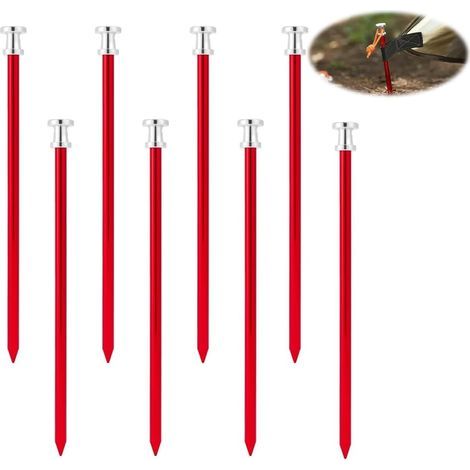 Lot de 8 piquets de tente en alliage d'aluminium, 23 cm, pour le camping, la randonnée, la plage et les terrains rocailleux, rouges. (1/5)