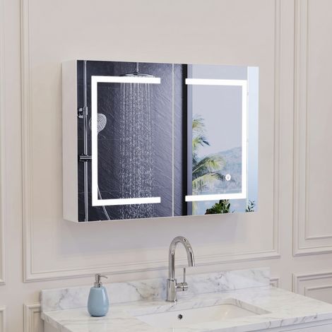 Armoire salle de bain miroir 60×80cm, armoire de toilette miroir à 2 porte, armoire murale avec Éclairage LED réglable, Miroir HD tactile pour Salle de Bain/Cuisine/Chambre