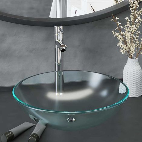 Lavabo de bain avec robinet et drain à poussoir Verre trempé (1/5)