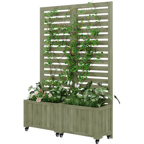 Jardiniere mit Rankgitter mit Universalrollen und Doppeltem Pflanzkasten für Kletterpflanzen aus Massivem Tannenholz Grün 102,5 × 32 × 152,5 cm (1/5)