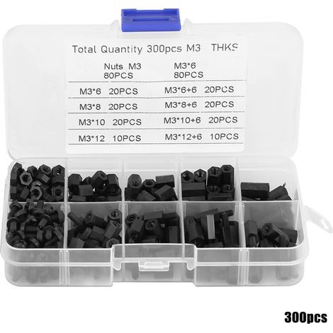300-teiliges Set aus schwarzen M3-Säulenmuttern und -schrauben mit Aufbewahrungsbox (1/5)
