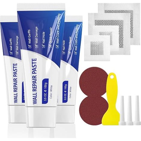 Kit de reparación de pared SEISSO - Sellador blanco listo para usar para agujeros, grietas, grafitis y arañazos - 3 cremas (100 g) 4 parches, herramientas incluidas para una reparación completa (1/5)