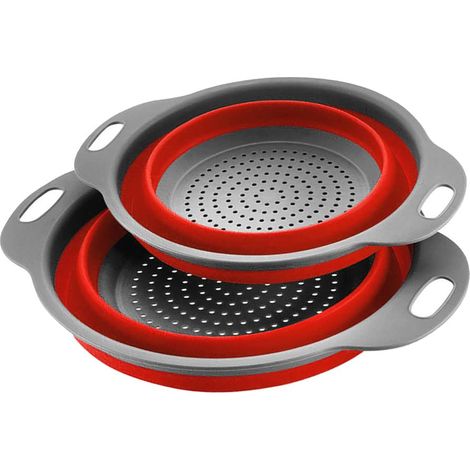 Passoire pliable grande et petite égouttoir de cuisine pour égoutter les pâtes légumes fruits lot 2 rouge ronde (1/5)