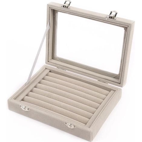 Boîte à bijoux en velours à 7 compartiments pour bagues, boucles d'oreilles et colliers, coffret de présentation, boîte de rangement, vitrine transparente, grise