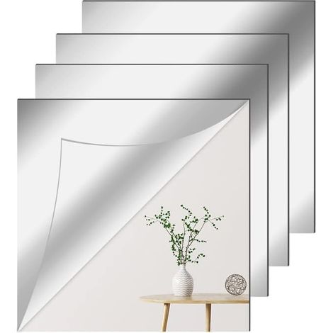 MINKUROW Newpop 4 Piezas Espejo de Pared Autoadhesivo 30 X 30 cm, Cuadrados a Prueba de Explosión Espejo Acrílico Adhesivo Flexible, Plástico DIY Sin Marco Decoración de Pared para Baño, Sala de Estar (1/5)