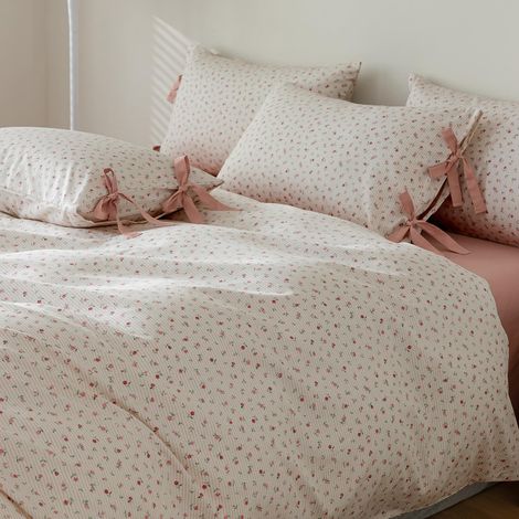 Parure de lit Blanche 100% Coton avec imprimé Floral Rose, literie 3 pièces 1 Housse de Couette pour Grand lit de 228,6 x 228,6 cm avec Fermeture éclair + 2 taies d'oreiller 50,8 x 66 cm avec (1/5)