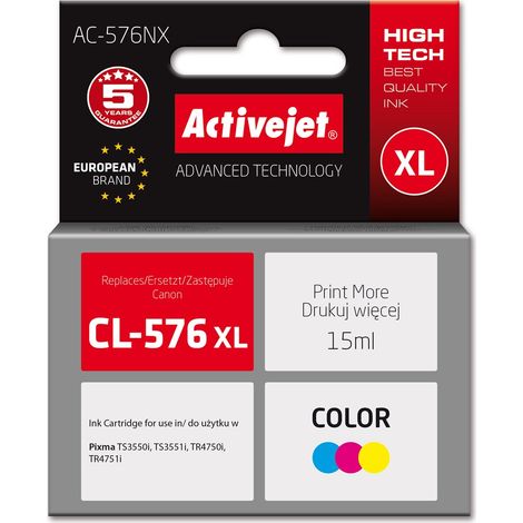Cartouche d'encre Activejet AC-576NX pour imprimante Canon. Compatible avec les cartouches Canon CL-576XL  qualité supérieure  15 ml  couleurs : bleu, jaune, magenta