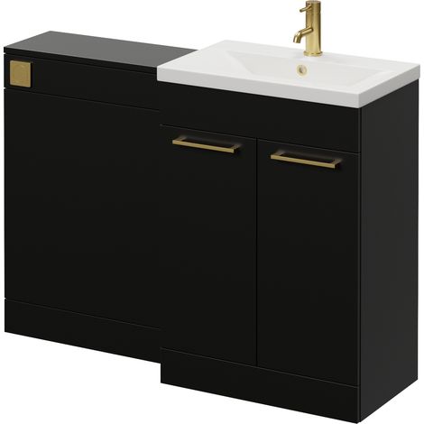 Napoli 390 Cento Matt Black 1200mm 2 Door Vanity Unit Toilet Suite with Glide Basin - 1200mm - Brushed Brass 160mm HandleWithout Kingston Toilet Pan