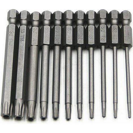 Set mit 11 langen Torx-Bits für Schraubendreher und Bohrmaschinen – Magnetische Bits – 1/4"-Sechskantschaft – Größen T6 bis T40 – Länge 100 mm