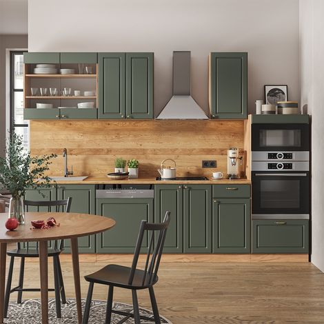 Mueble de cocina Fame-Line, Green-Gold Country/Gold Power Roble, 300 cm con armario alto, ET Mármol, Vicco