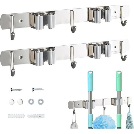 Wall Mounted Broom Holder with Nails for Installation and Multiple Storage Possibilities, Ideal for Garage, Kitchen, Garden and Workshop, Grey (1/5)