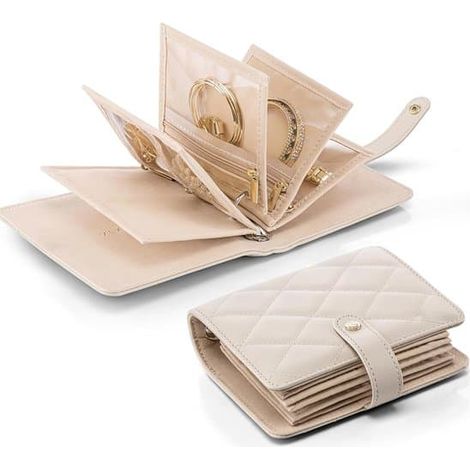 Boîte à bijoux de voyage blanc cassé, organisateur portable de 14,1 x 13,5 cm avec plateau amovible et poche zippée en velours (1/5)