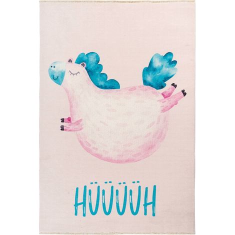 Tapis enfant doux motif licorne rose antidérapant - Rose poudré et bleu turquoise (1/3)