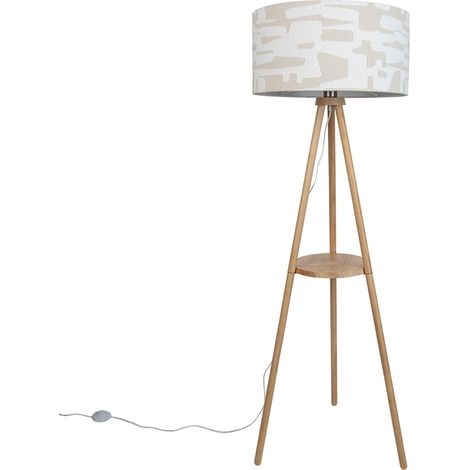 QAZQA Wooden Tripod Floor Lamp with White and Beige Striped Shade