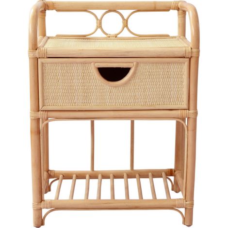 Drawer – Table de chevet en rotin tressé artisanal – Style rétro bohème – 2 étagères et 1 tiroir – Hauteur 51 cm pour rangement pratique (1/5)