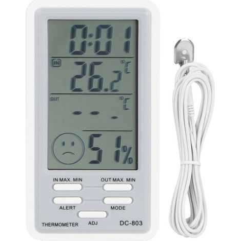 Thermomètre hygromètre électronique numérique avec alarme horaire et horloge. Mesure de la température et de l'humidité, idéal pour un usage domestique.