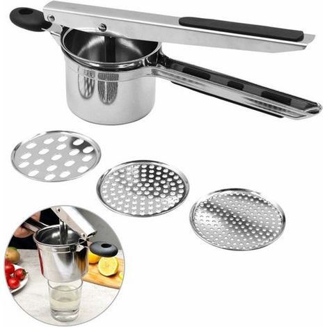Machacador de patatas de acero inoxidable，prensa para pasta con 3 coladores intercambiables，exprimidor manual multifuncional (1/5)