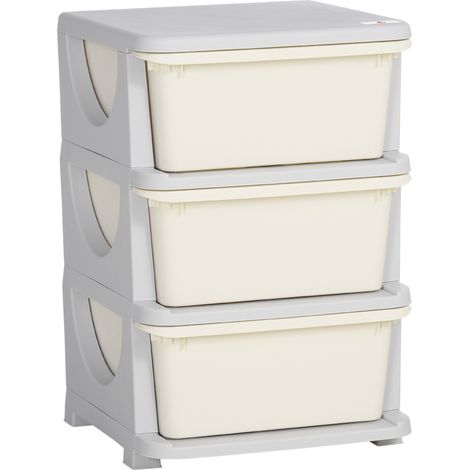 Aufbewahrungsbox für Kinder mit 3 Schubladen, aus sicherem Kunststoff mit abgerundeten Kanten, Maße 37 x 37 x 56,5 cm, cremefarben, zur Organisation im Kinderzimmer
