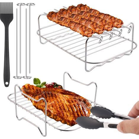 Ensemble de 4 grilles pour friteuse à air compatible avec la friteuse à air double Ninja. Accessoires inclus : 4 brochettes, 1 pinceau à huile et 1 pince de cuisine. (1/5)