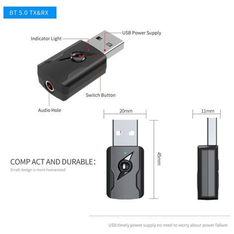 Adaptateur USB Bluetooth 5.0,Clé Bluetooth,Adaptateur Bluetooth Récepteur émetteur Audio 5.0 avec Câble Audio de 3,5 mm pour PC/TV/Voiture/Haut-parleurs/MP3/Système Audio Domestique/Casque (1/4)