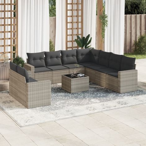[Salon de jardin modulaire 10 places] Canapés angle + central + avec accoudoirs + table verre trempé, résine tressée (polyrotin), gris clair et foncé, coussins lavables avec housses, rangement sous si (1/3)