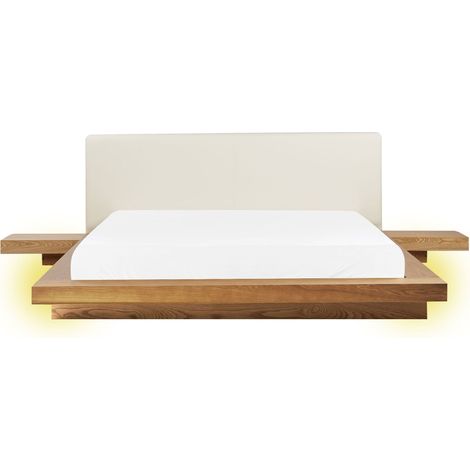 Bed with LED Faux Leather ZEN 160 x 200 cm (EU King Size) Natural Ash Wood