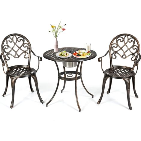 Costway – Ensemble table et 2 chaises de jardin 3 pièces – Cadre en fonte d'aluminium – Seau à glace amovible – Charge 100 kg – Dossier floral (1/5)