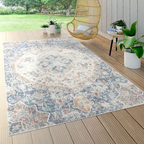 Paco Home In- & Outdoor-Teppich Für Balkon Terrasse, Kurzflor Mit Orient-Muster In Blau Ø 160 cm Rund