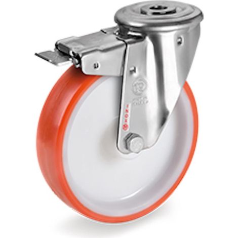 Roulette à oeil INOX pivotante à frein diamètre 80 mm roue polyuréthane rouge - 120 Kg (1/2)