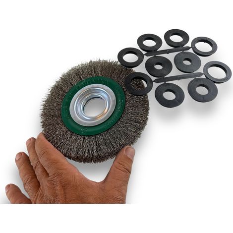 Brosse circulaire INOX Ø 150 mm Epaisseur 2 rangs Fil dur 0.30 mm ondulé Alésage 32 mm + réducteur bague 25/22/20/16/12 mm Touret meuleuse affûteuse ponceuse Kibros 235152IT (1/5)