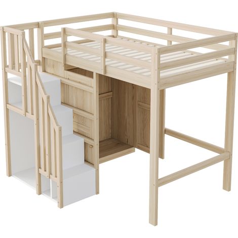 Lit mezzanine 90x200 cm avec rangement, penderie intégrée, escalier sécuritaire, cadre en pin naturel sans matelas (1/5)