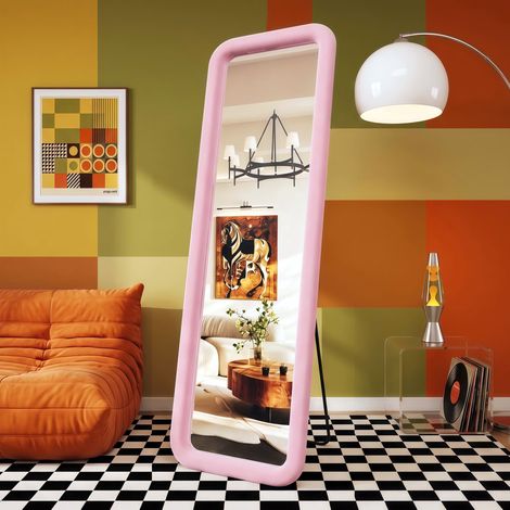 Miroir sur Pied 160x50 cm Grand Miroir Pleine Longueur Cadre Flanelle Rembourrée Miroir Mural Rectangulaire Arrondi pour Chambre Salon Dressing - Rose (1/5)