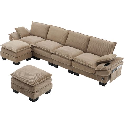 Canapé modulable 4 places en velours côtelé avec 2 poufs, kaki, design ergonomique (1/5)
