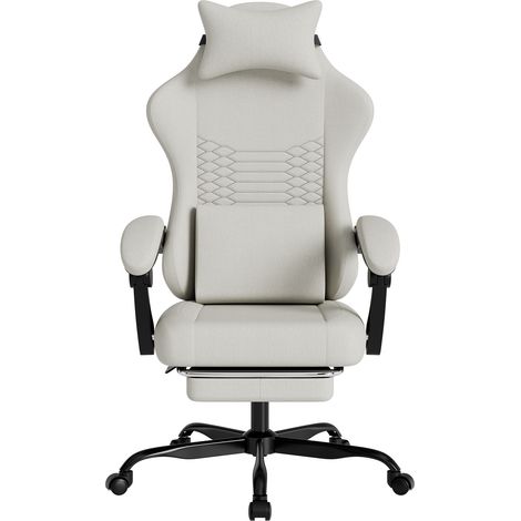Chaise gaming en tissu avec massage et appui-tête, siège gamer style course ergonomique avec repose-pieds, blanc