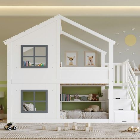 Lit superposé - CIPACHO - Superposé 90x200 - Sommier à lattes - Bois massif+MDF - Rangement 3 niveaux (1/5)