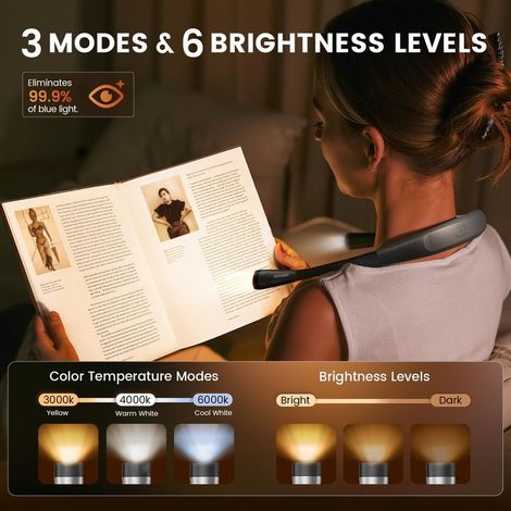 Lampada da lettura, 3 colori e 6 livelli di luminosità, lampada da collo flessibile, durata della batteria di 80 ore, ricaricabile. (1/4)