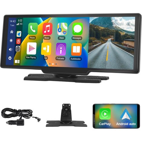 Estéreo de Coche Portátil de 10,26 Pulgadas con Apple CarPlay Android Auto Inalámbrico, Pantalla Táctil 7-32V, Asistente de Voz Cámara Trasera/Bluetooth/Transmisor FM/AUX/Tarjeta TF