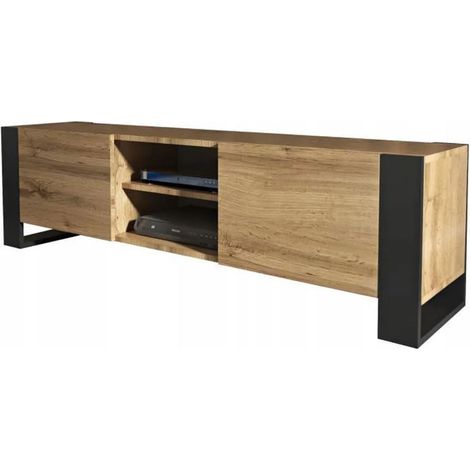 Dusine – Meuble TV 160 cm chêne avec pieds noirs – Style industriel – Compartiments fermés et étagère – Fabrication européenne