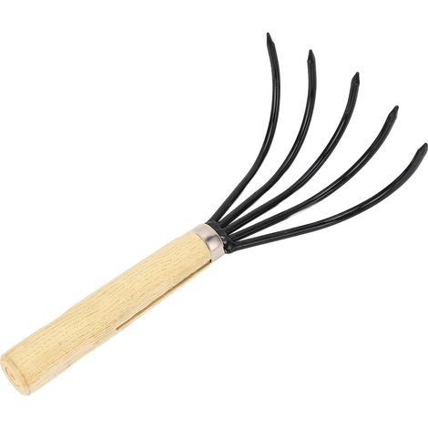 Râteau de jardin à main, 5 dents en acier, manche en bois, design ergonomique, cultivateur à griffes pour labourer et ameublir le sol (court). (1/5)