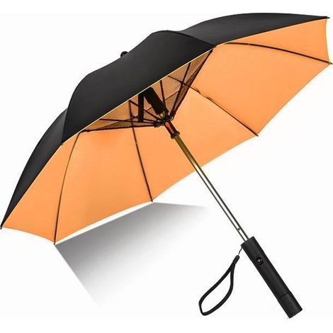 Parasol Ventilateur 27 Pouces Jaune Anti-UV et Refroidissant avec Power Bank USB 3000mAh, Parapluie Éventé Tendance