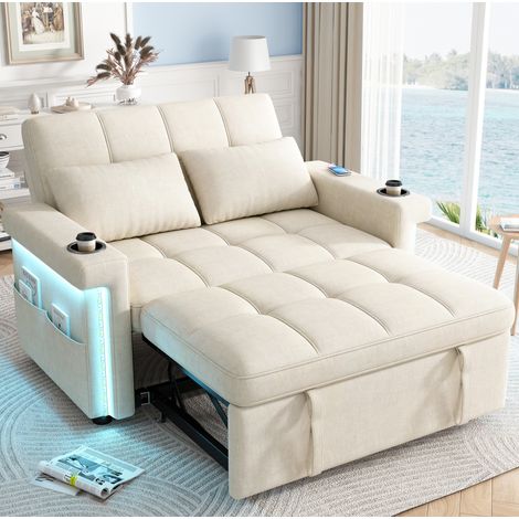 Divano letto a 2 posti in chenille beige con LED, USB Type-C, schienale reclinabile (1/5)