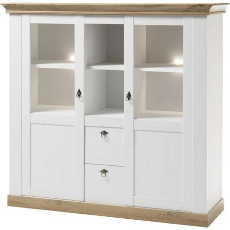 Landhaus Vitrinen-Highboard LINARES-61 Pinie weiß / Wotan Eiche Nb. inkl. LED, B/H/T ca.: 148/139/44 cm (1/5)
