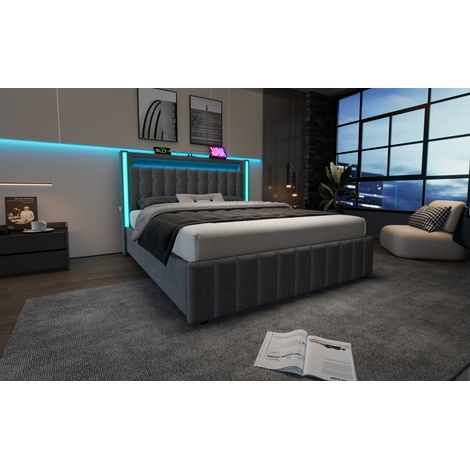 Cama de Polster 160x200cm con USB, LED y 4 Cajones - Gris (1/5)
