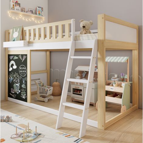 Cama alta infantil (205x129.5x128.5 cm), pizarra, caja de almacenaje, escalera de 3 peldaños, madera MDF, blanco natural (1/5)