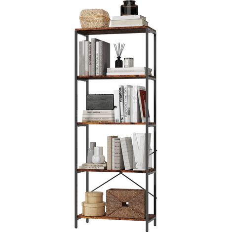 Étagère à livres, 5 tablettes, métal, surface en mélamine, marron (1/4)