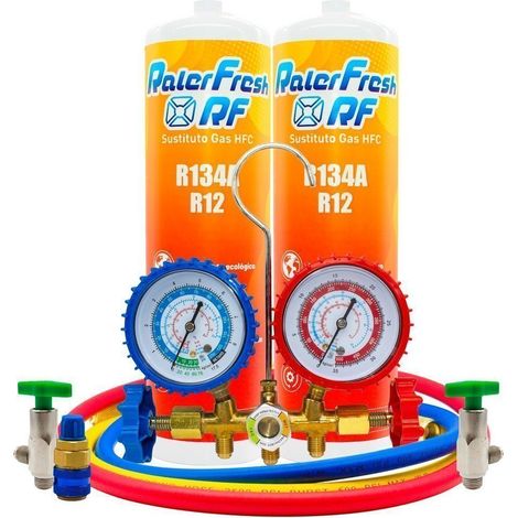 Pack 2 Botellas Ralerfresh RF sustituto del gas R12 y R134A mas llave, manometro R134 y conector rapido (1/5)